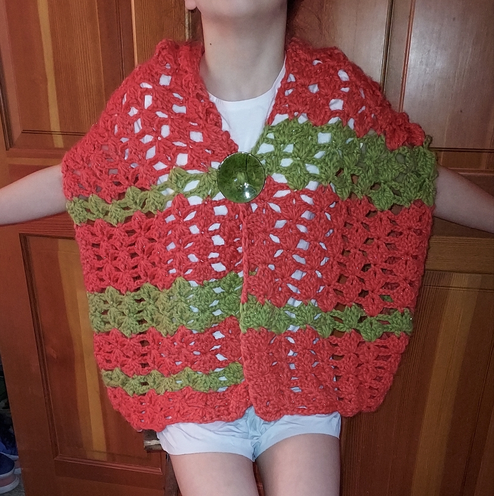 Handcrafted Red and Green Crochet Shawl/Wrap